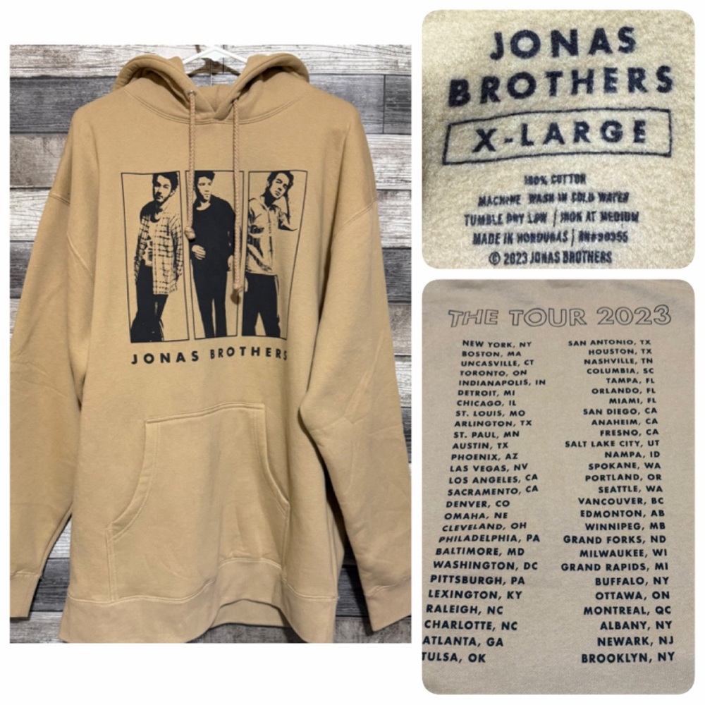 Jonas Brothers 2023 Tour Hoodie Sweatshirt Men’s XL Tan Pullover Drawstring